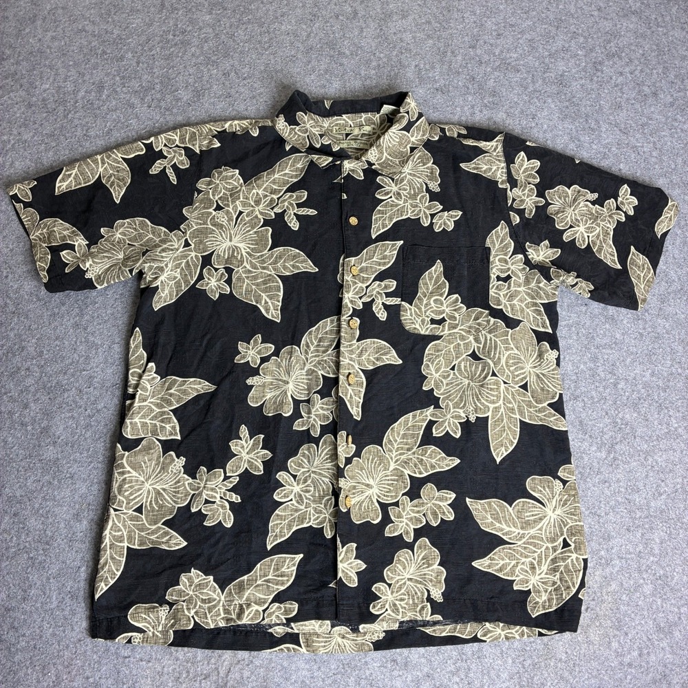 Vintage Batik Bay 100% Silk Mens Size XL Hawaiian Shirt Black Tan Floral